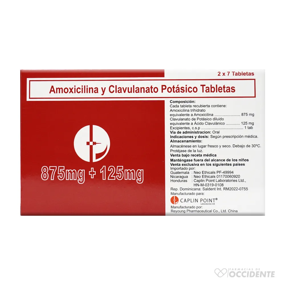 Amoxicilina 875mg + Ácido Clavulánico 125mg *14 Tabletas Recubiertas Caplin  