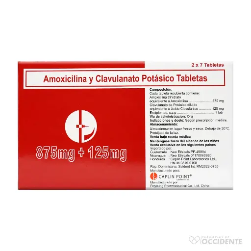 [122] Amoxicilina 875mg + Ácido Clavulánico 125mg *14 Tabletas Recubiertas Caplin  